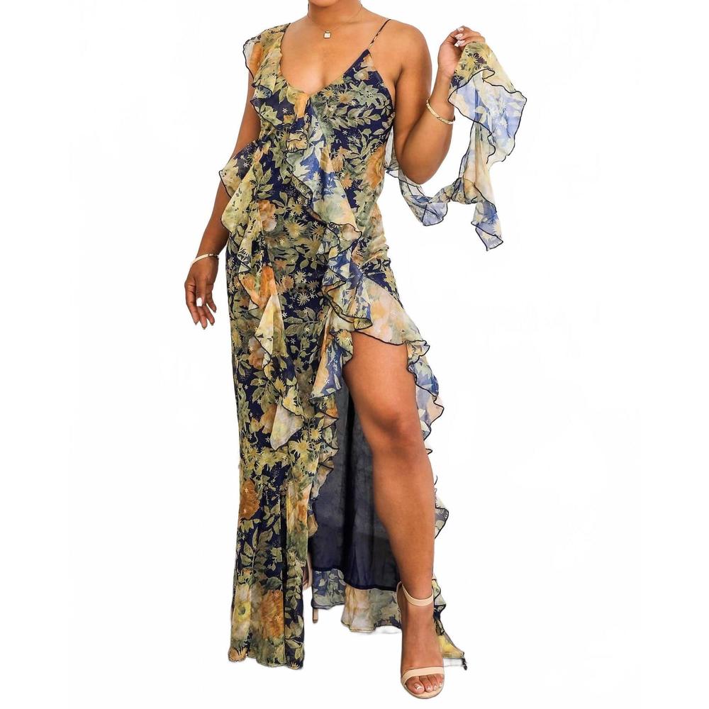 NEW SURELYMINE floral ruffle maxi dress with slit in multi